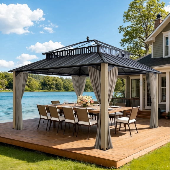 SUNJOY Kingston 14x12 Gazebo, Steel & PC Roof Hardtop Gazebo with Curtain and Netting - Cedar Posts