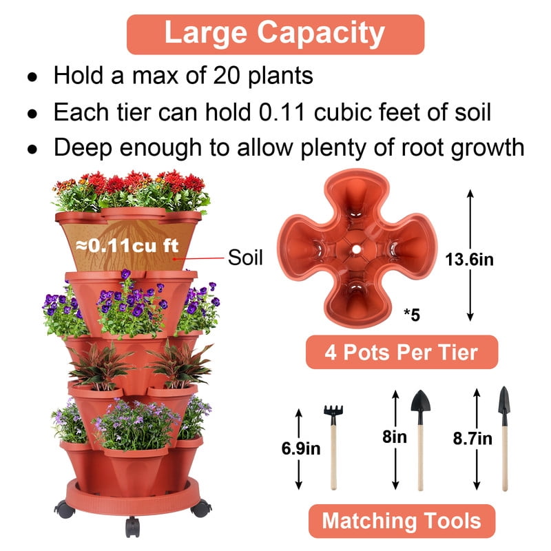 DUNCHATY 5 Tier Stackable Growing System for Strawberries and Herbs, High-Capacity Vertical Planter Tower, Outdoor Raised Garden Bed Alternative with Drainage Holes (Red)