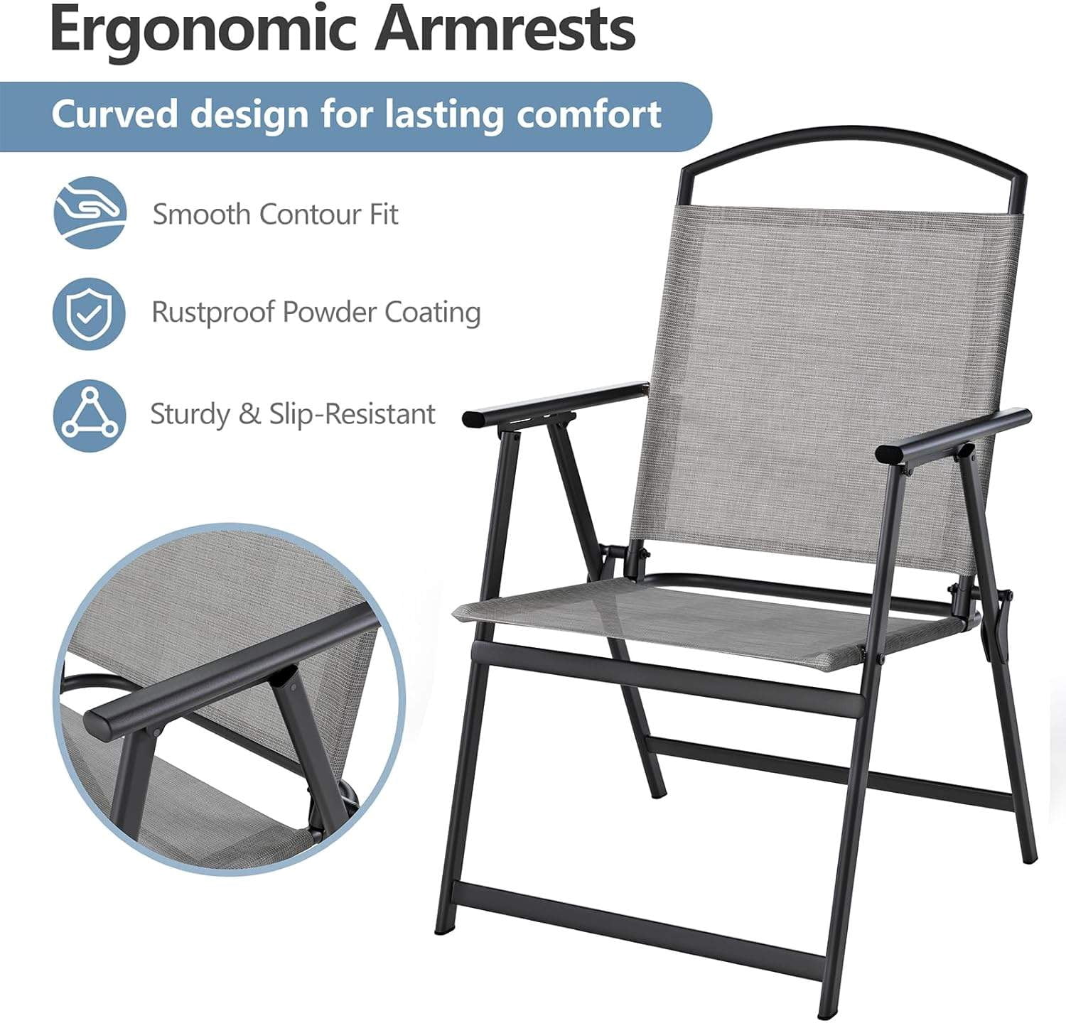 SWITTE Folding Patio Chairs Set of 2, Outdoor Dining Chairs with Armrests, Breathable Textilene & Steel Frame for Lawn, Garden, Yard or Poolside - Light Gray