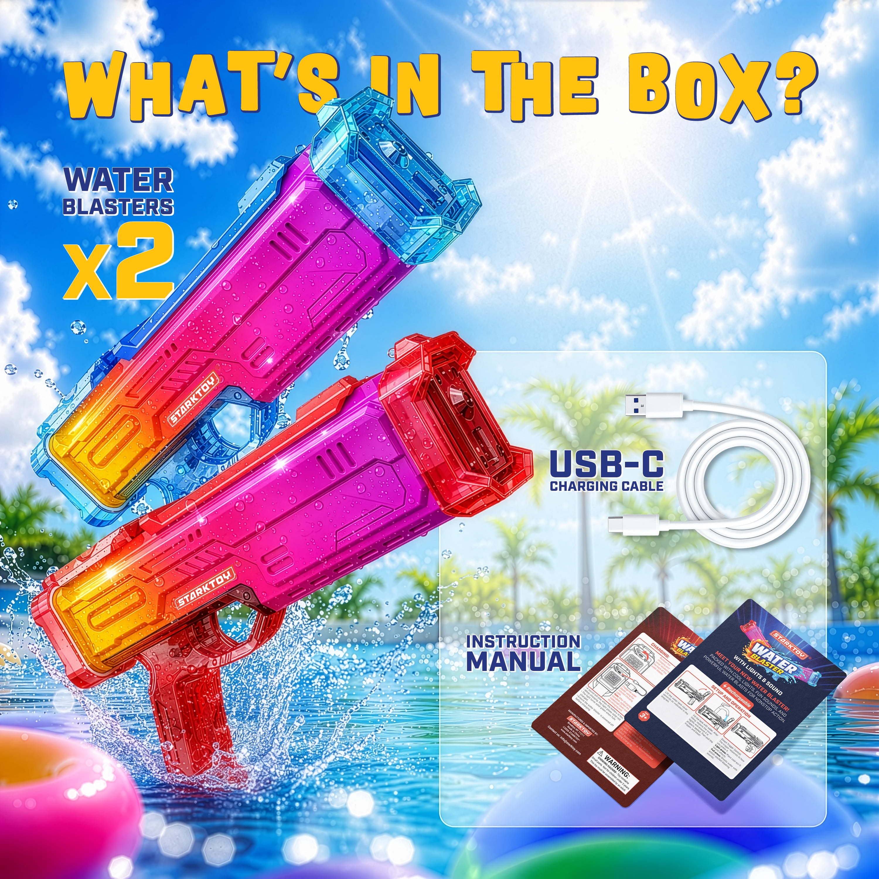 STARKTOY Electric Water Blasters 2 Pack Light Up Full Body Color Changing LED Squirt Guns, Automatic Rechargeable Water Guns for Kids & Adults, Long Range Soaker Set Red and Blue