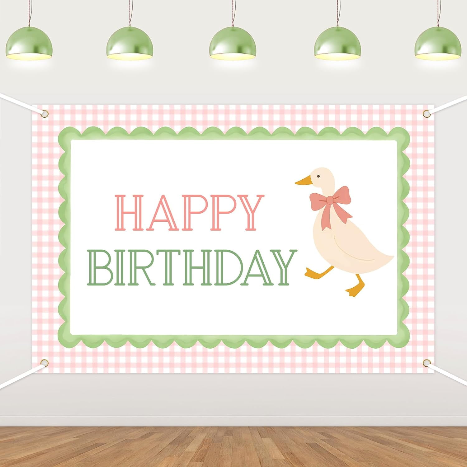 7x5FT Goose Happy Birthday Backdrop Pink Plaid Bow Green Ribbon Silly Goose Birthday Background Farm Animal Birthday Party Decorations Banner Supplies Photo Booth Props