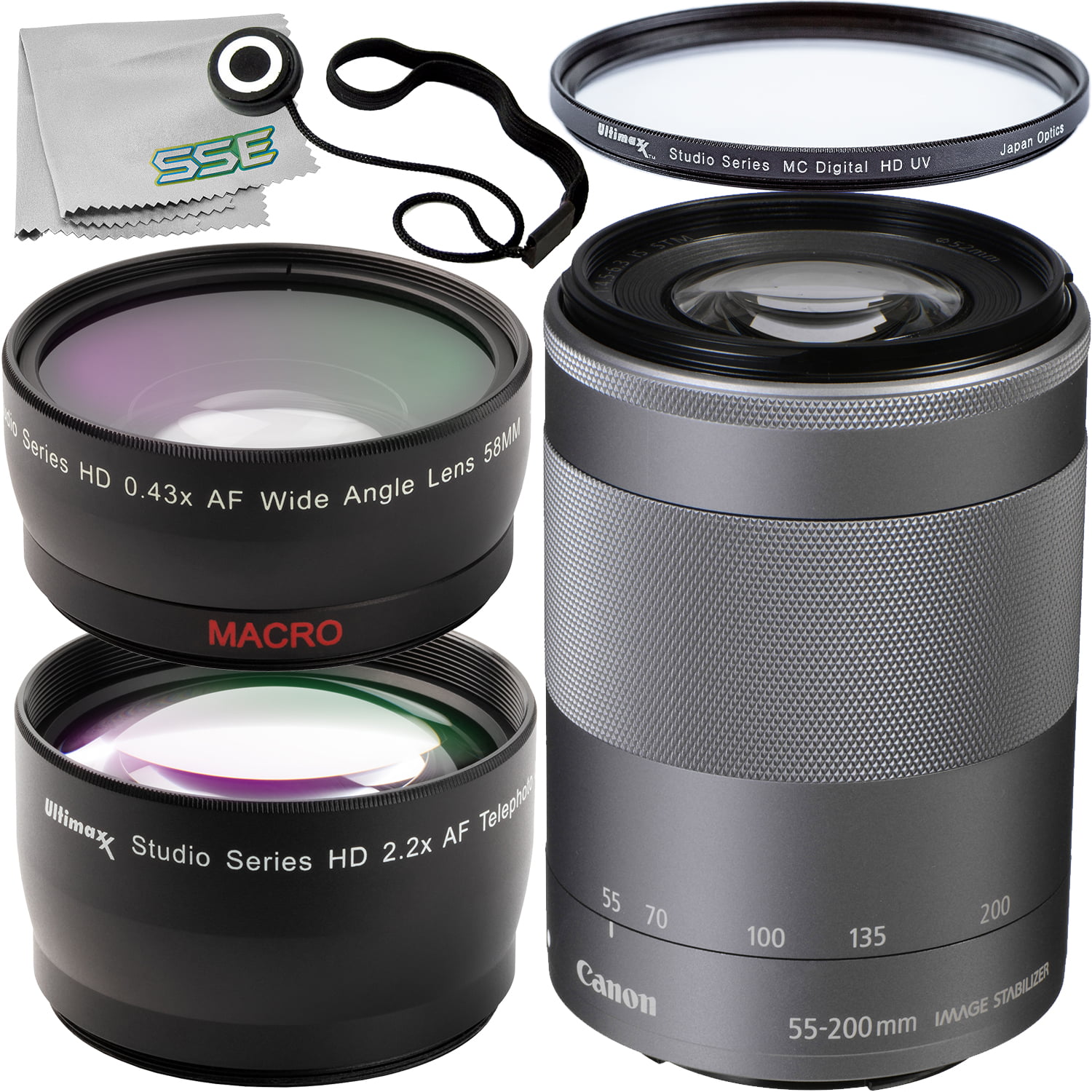 Canon EF-M 55-200mm f/4.5-6.3 IS STM Lens (Silver - White with Starter Accessory Bundle: 0.43x Wide-Angle Lens Attachment, Protective Multi-Coated UV Filter & More (8pc Bundle) - Walmart.com