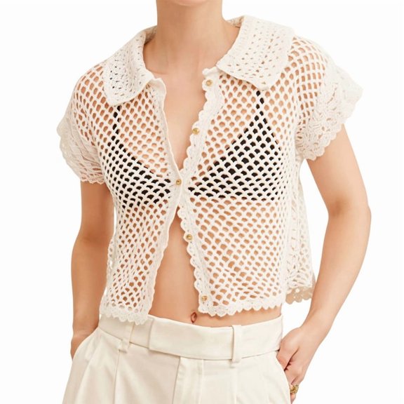 Women'S Crochet Cardigan Sweater Button Front Collared Short Sleeve Loose Knitted Outerwear Vest Cream White XL