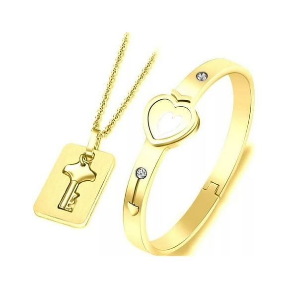 Couple Lock and Key Steel Necklace Heart Bracelet Jewellery Kit Ceremony Party Banquet Romantic Pendant Jewelry Set Gift Rose Gold