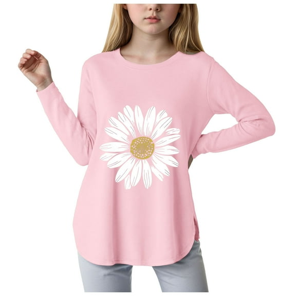 Wxirdiow Little Girls Long Sleeve Shirts Girls Shirt Cute Graphic Crewneck Pullover Tops Kids Lightweight Long Sleeve Print Blouses Pink Size,13-14 Years