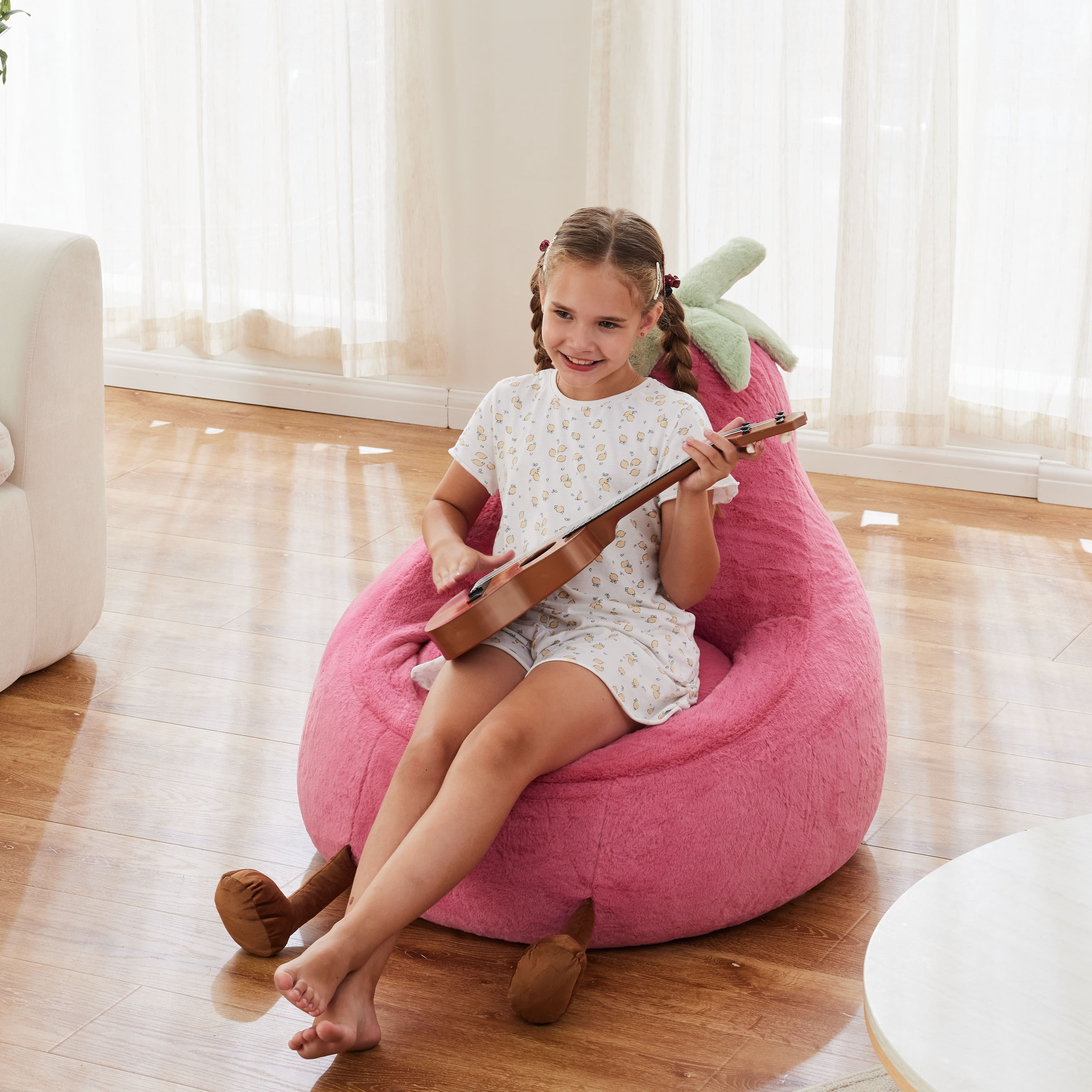 CONCETTA 31in Bean Bag Chair, Soft Faux Rabbit Fur Fabric, Cute Eggplant Lazy Chair for Kids, Living Rooms, Rose Red