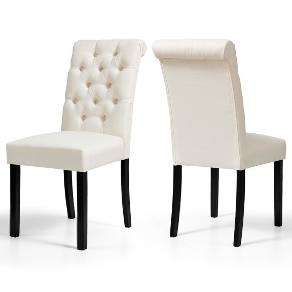 Subrtex Upholstered Dining Chair with Scrolled Back and Button Tufting, Modern Fabric Kitchen Side Chair (Set of 2, White)