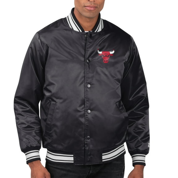 Men's Starter Black Chicago Bulls Printed Team Name Satin Varsity Full-Snap Jacket