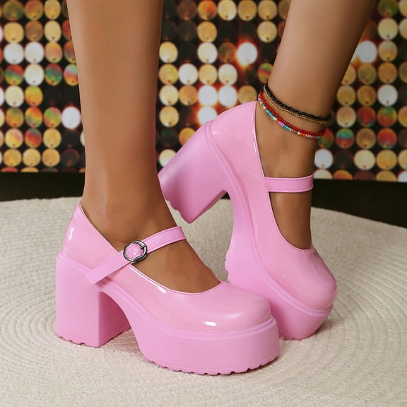 SCHUHLAND Hot Pink Mary Jane Pumps for Women | Chunky Platform, 10cm Super High Square Heel | Y2K Lolita Shoes