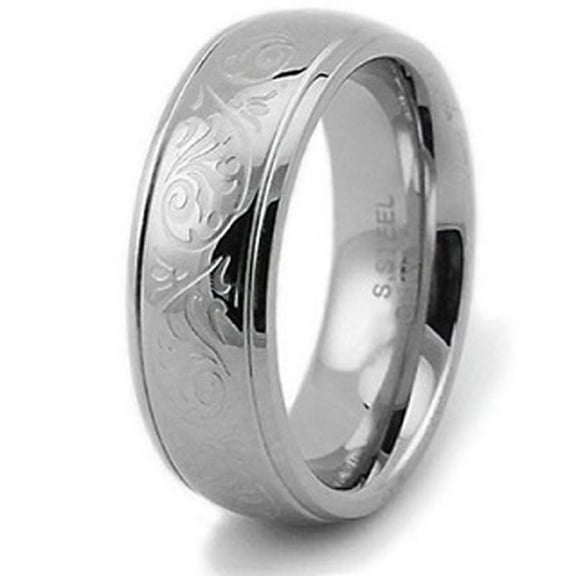 Tioneer Stainless Steel Embossed Filigree Floral Wedding Band Ring