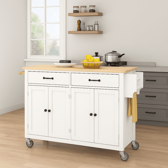 Kitchen Island Cart with Solid Wood Top and Locking Wheels,54.3 Inch Width,4 Door Cabinet and Two Drawers,Spice Rack, Towel Rack (White)