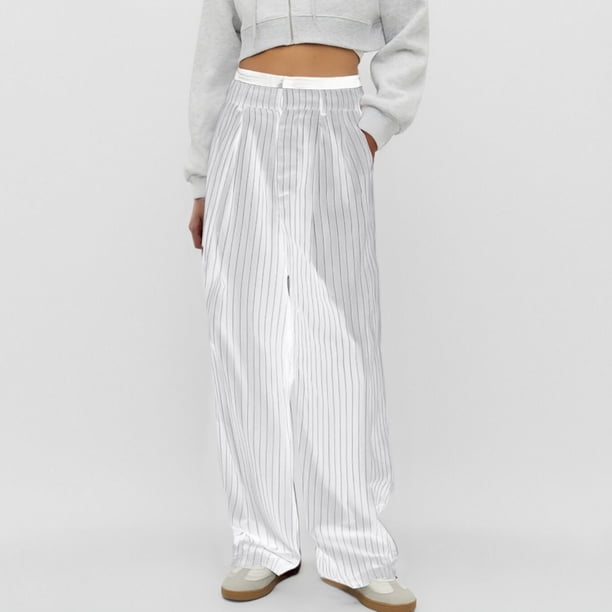 WILLBEST Pantalones Casuales de Verano para Mujer, con Rayas, Cintura Alta, Patchwork, Bolsillos Colgantes, Pierna Recta, Pantalones de Traje Casuales para Mujer Moderna Mediana