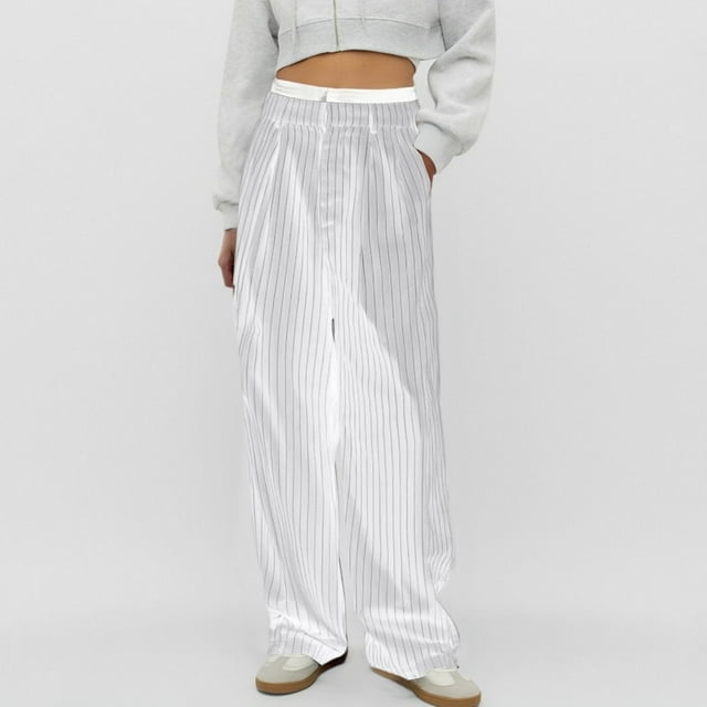 WILLBEST Pantalones Casuales de Verano para Mujer, con Rayas, Cintura Alta, Patchwork, Bolsillos Colgantes, Pierna Recta, Pantalones de Traje Casuales para Mujer Moderna Mediana