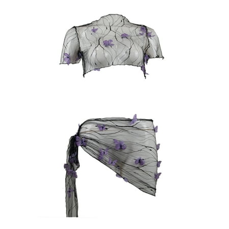Womenacute;s Bikini Cover-up Set Mesh Sheer Three-dimensional Butterfly Decoration Short Sleeve Crop Tops Tie-up Sarong Wrap Skirt
