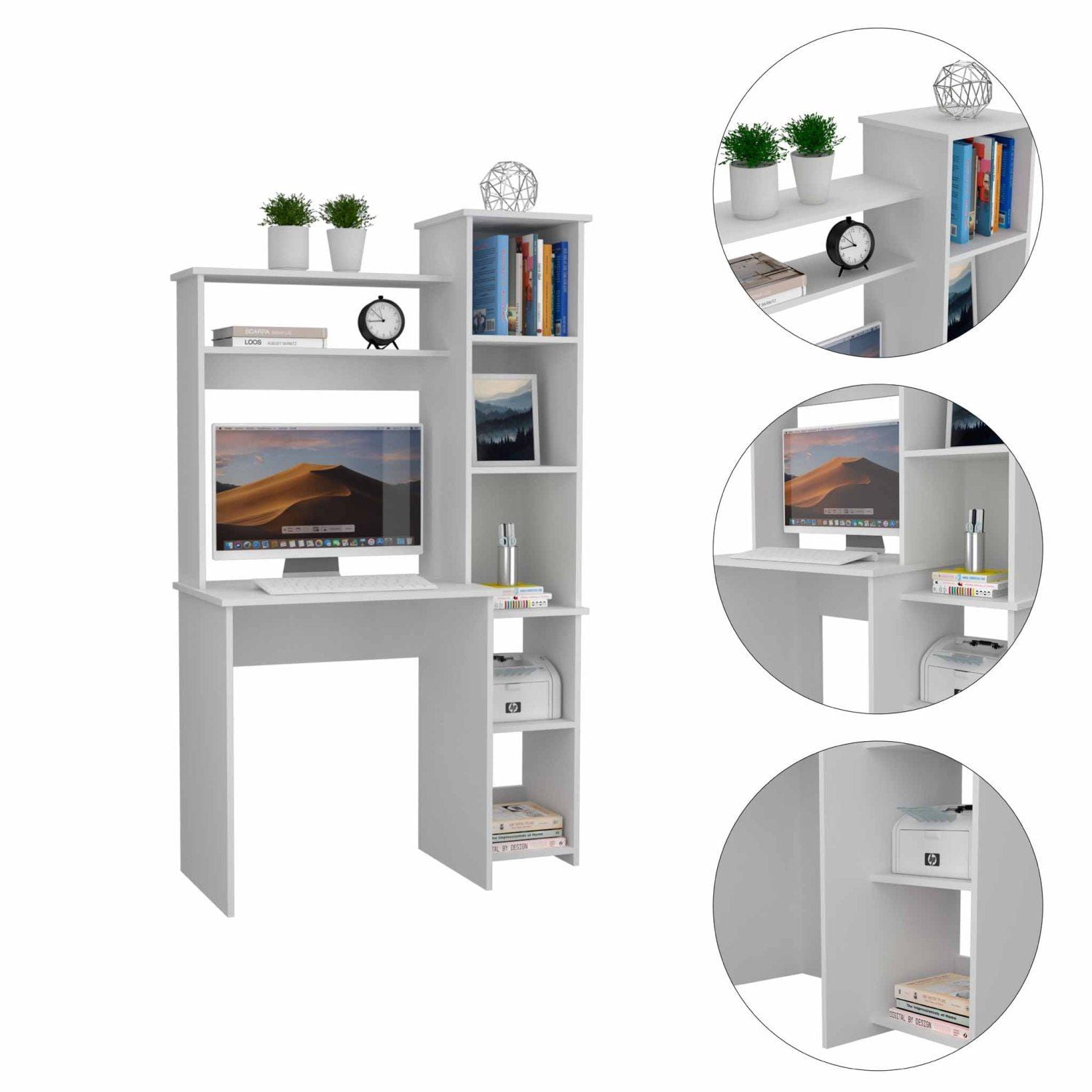 Asteroutdoor White 6-Shelf Writing Desk with Built-in Bookcase