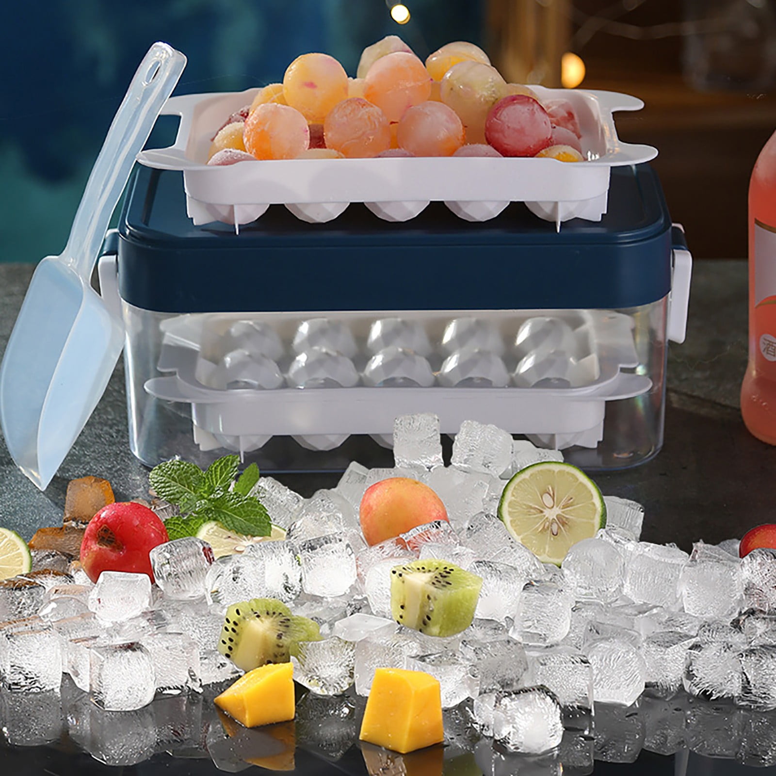 Press Type Ice Cube Touch Tool,28Pieces Single Layer Silicone Ice Tray with Lid and Storage Box Easy Release Container Scoop Square Ice Tray