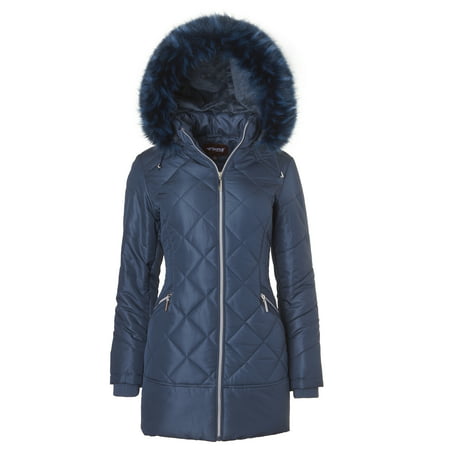 Sportoli Women's Long Down Alternative Puffer Coat Zip-Off Plush Lined Fur Trim Hood - Teal