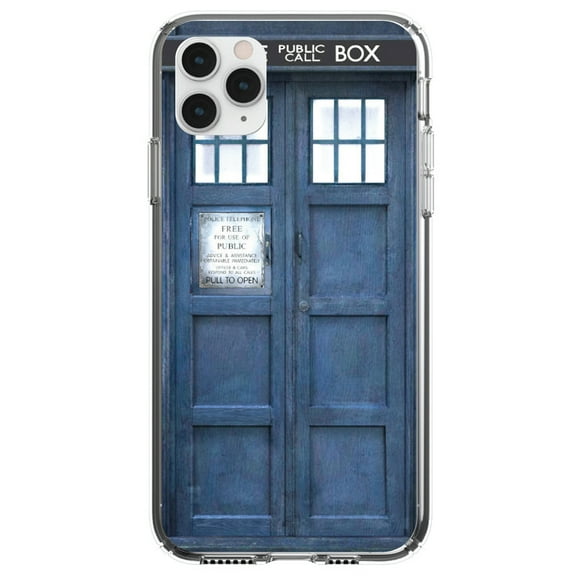DistinctInk Clear Shockproof Hybrid Case for iPhone 13 (6.1" Screen) - TPU Bumper, Acrylic Back, Tempered Glass Screen Protector - TARDIS Call Box Photograph