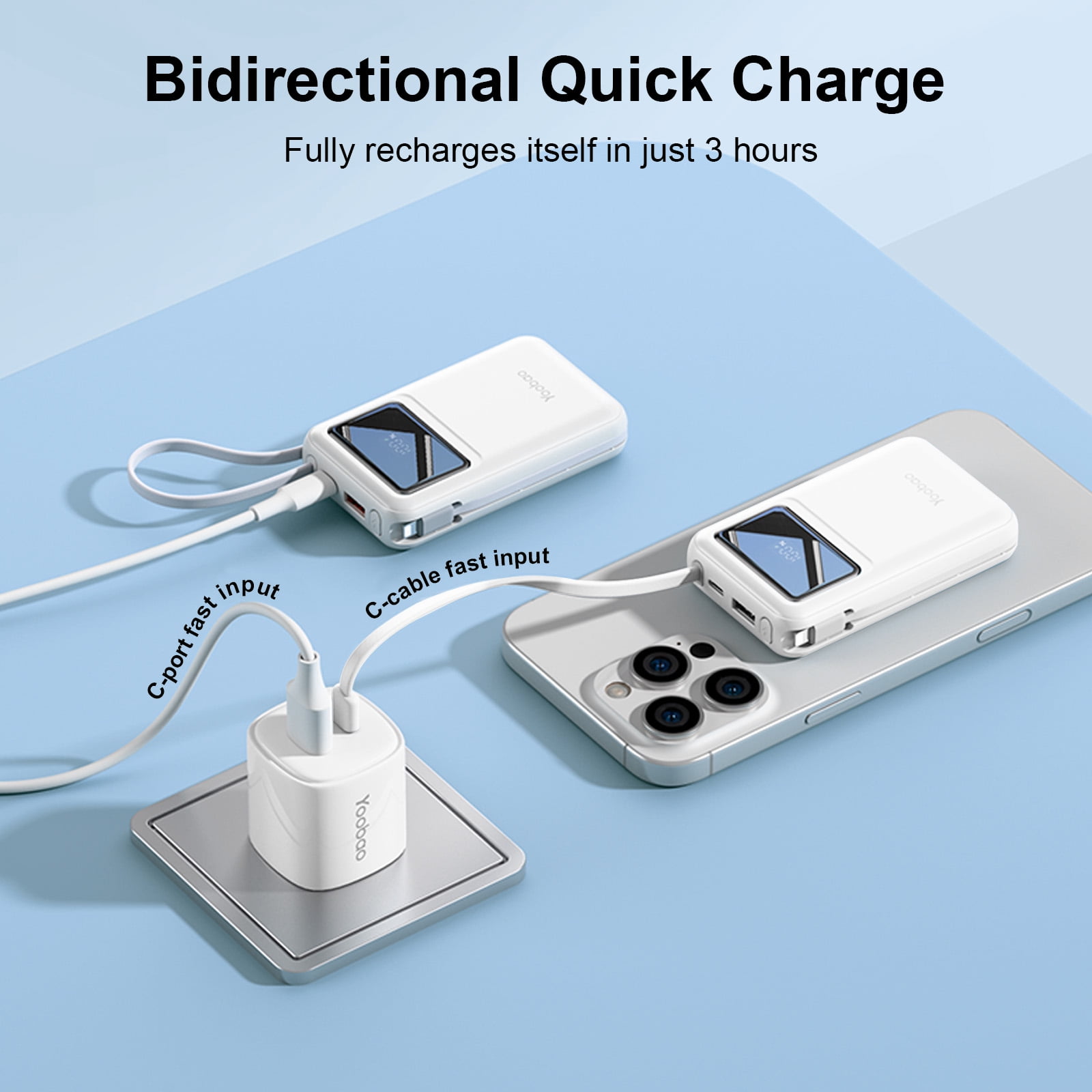 Yoobao Mini Power Bank PD20W Fast Charging with LED Display, 10000mAh USB-C in&Out Portable Charger with Built-in 2 Cables, 4 Outputs Travel Battery Pack for iPhone 16 15 Samsung iPad, White