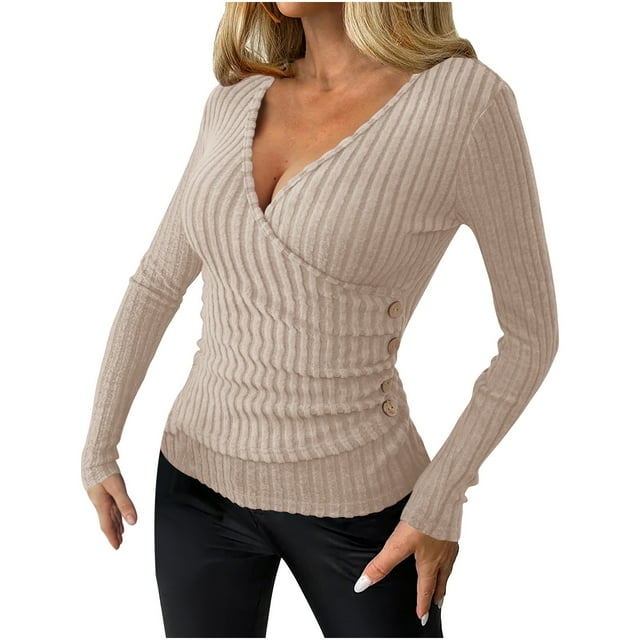tarylea Going out Tops for Women Deep V Neck Ribbed Knitted Tops Slim Fitted Solid Color Shirts Casual Fall Cute Outwear Tops