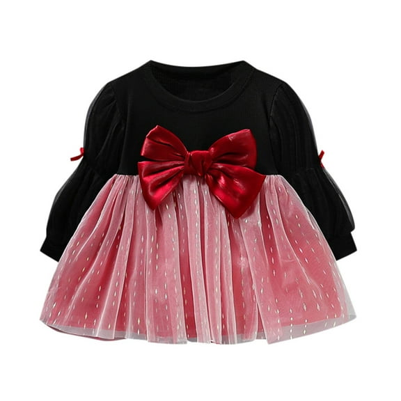 Gaexia Girls Christmas Dress Funny Holiday Outfits,Toddler Baby Girls Dress Christmas Party Long Sleeve Bowknot Tulle Princess Dresses,Red,12-18 Months