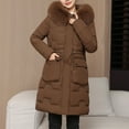 thumbnail image 3 of Women's Slim Fit Mid-Length Puffer Coat, Waist Defining Quilted Jacket, Faux Fur Trim Hooded Parka, Winter Fashion Coat, Cold Weather Outerwear, Tapered Waist Parka Coffee XXL, 3 of 4