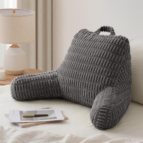 Reading Pillow, Backrest Pillow with Shredded Memory Foam for Adult & Children, Designed for Bed and Couch Sitting Up, Includes Arms, Pockets and Washable Cover, Dark Gray