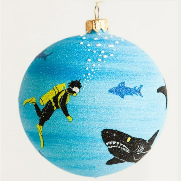 Shark Tank Scuba Diver Polish Glass Ball Christmas Tree Ornament Made