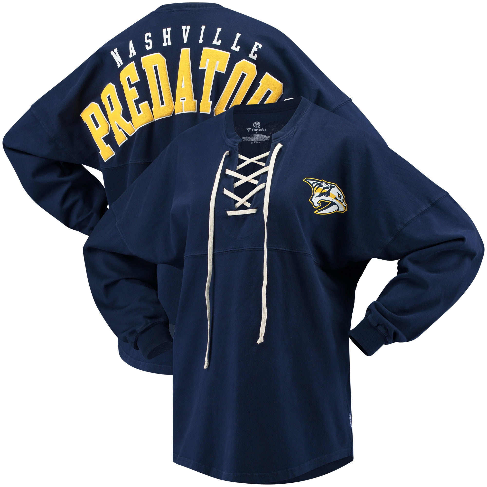 Nashville Predators Fanatics Branded Women's Lace Up Long Sleeve Spirit T-Shirt Navy by BoxSeat Clothing - SOURCED