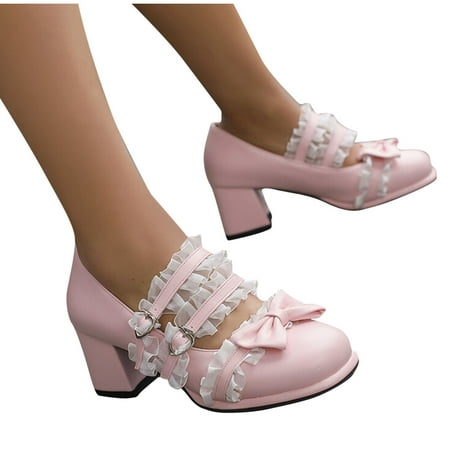 

CaComMARK PI Women Kawaii Lolita Mid Block Heel Mary Jane Rockabilly Pumps with Bow Platform Chunky Heel Cute Sweet Shoes sales today clearance