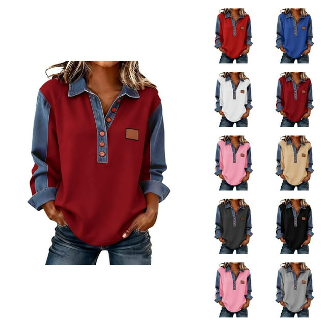 Hauts à Manches Longues pour Femmes 2026 Printemps Mode Bouton Col en V Col à Revers Patchwork en Denim Chemise Décontractée Blouse