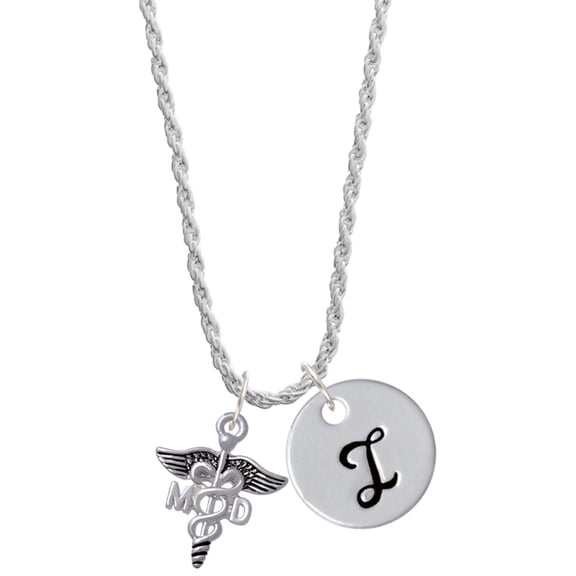 Delight Jewelry Silvertone Caduceus - MD Silvertone Script Initial Disc - I - Charm Necklace, 20"+3"