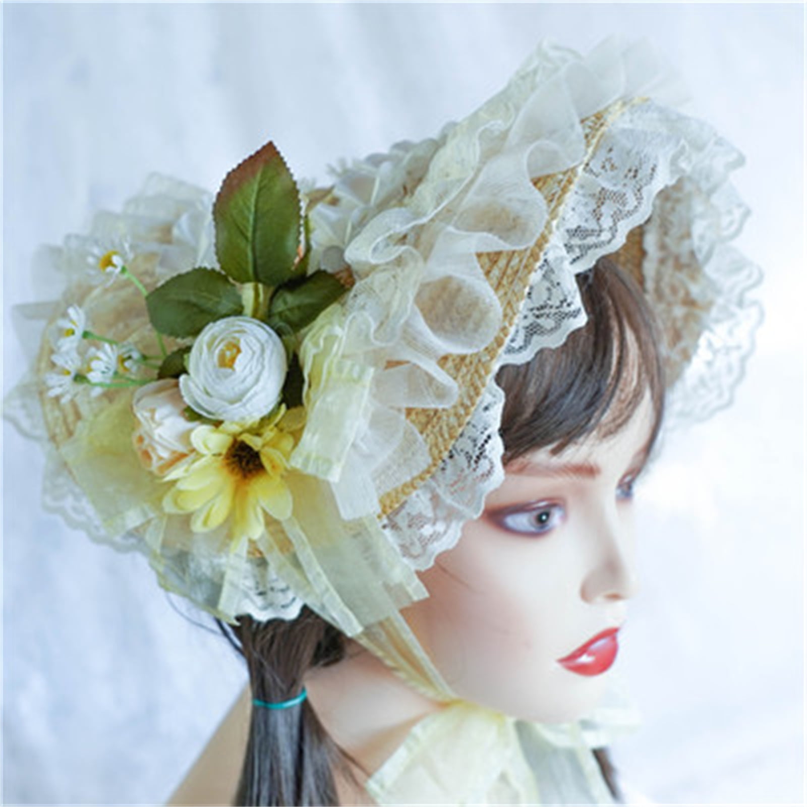 Yoetaun Teas Party SunHat Lace Fascinators For Women Lolit Straw Hat Victorian Bonnet Victorian Headdress Floral Straw Hat Light Purple