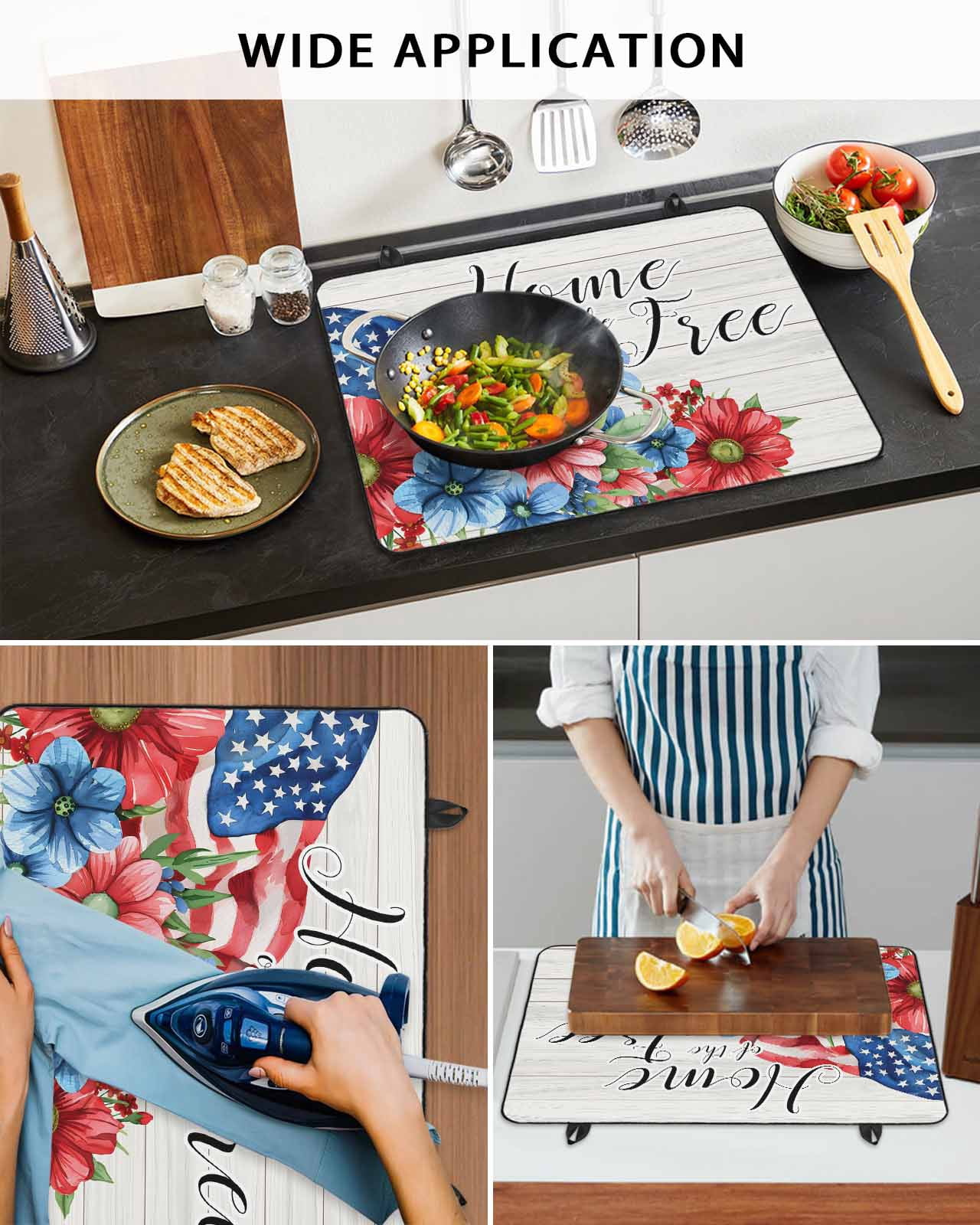 nqOlkjepod Large Induction Cooktop Protector Mat 24"x21", 4th of July Stove Top Covers for Electric Stove, Independence Day Blue Red Floral Retro Stove Burner Cover Mats, Glass Top Stove Cover