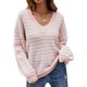 thumbnail image 1 of Mujeres rayas suéter de punto V cuello suelto manga larga Linda raya Jersey Top para otoño invierno rosa S, 1 of 6