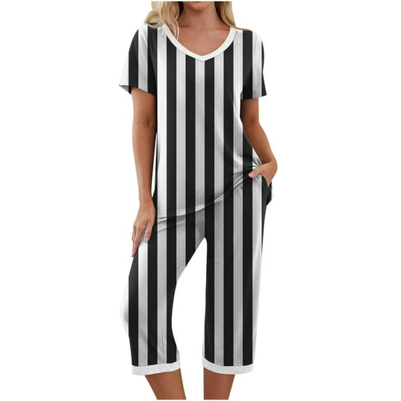 UPPADA Women's Striped Pajama Set Crewneck Short Sleeve Tops and Long Pants 2 Piece Sleepwear Nightwear Loungewear Pj Set Black,L
