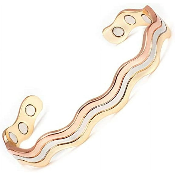 Wollet Fashion Tri Colored Copper Bracelet for Women Men, Adjustable Size, Open Cuff Bracelets 6.5''