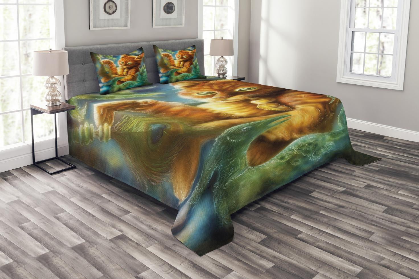 Cats Bedspread Set Queen Size, Fantasy Painting Radiant Orange Cartoon