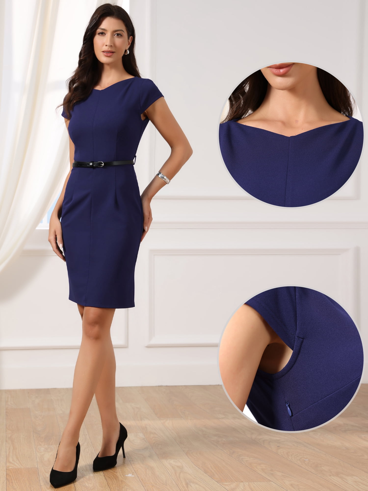 DARING DIVA Women's Work Summer Cap Sleeve Belted Bodycon Sheath Dress XL Dark Navy