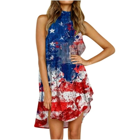 

amlbb Summer Dresses for Women Independence Day Women s Fashion Sleeveless Printed Round Neck Loose Ladies Irregular Dress Summer Beach Dresses on Clearance