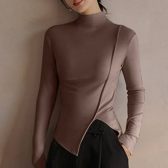 Women's Turtleneck Long Sleeve Fall Basic Layering Slim Fit Soft Thermal Underwear Stretch Side Slit Lightweight Tops Khaki L
