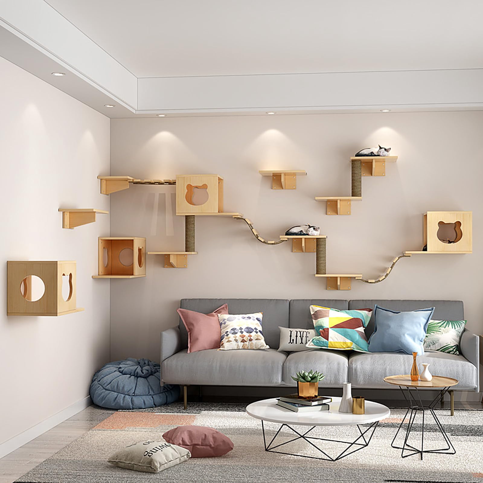 Cat Wall Shelves And Furniture Set With Condos  Perches Bridge Ladders Sisal Posts - Steps Houses For Cats (b)