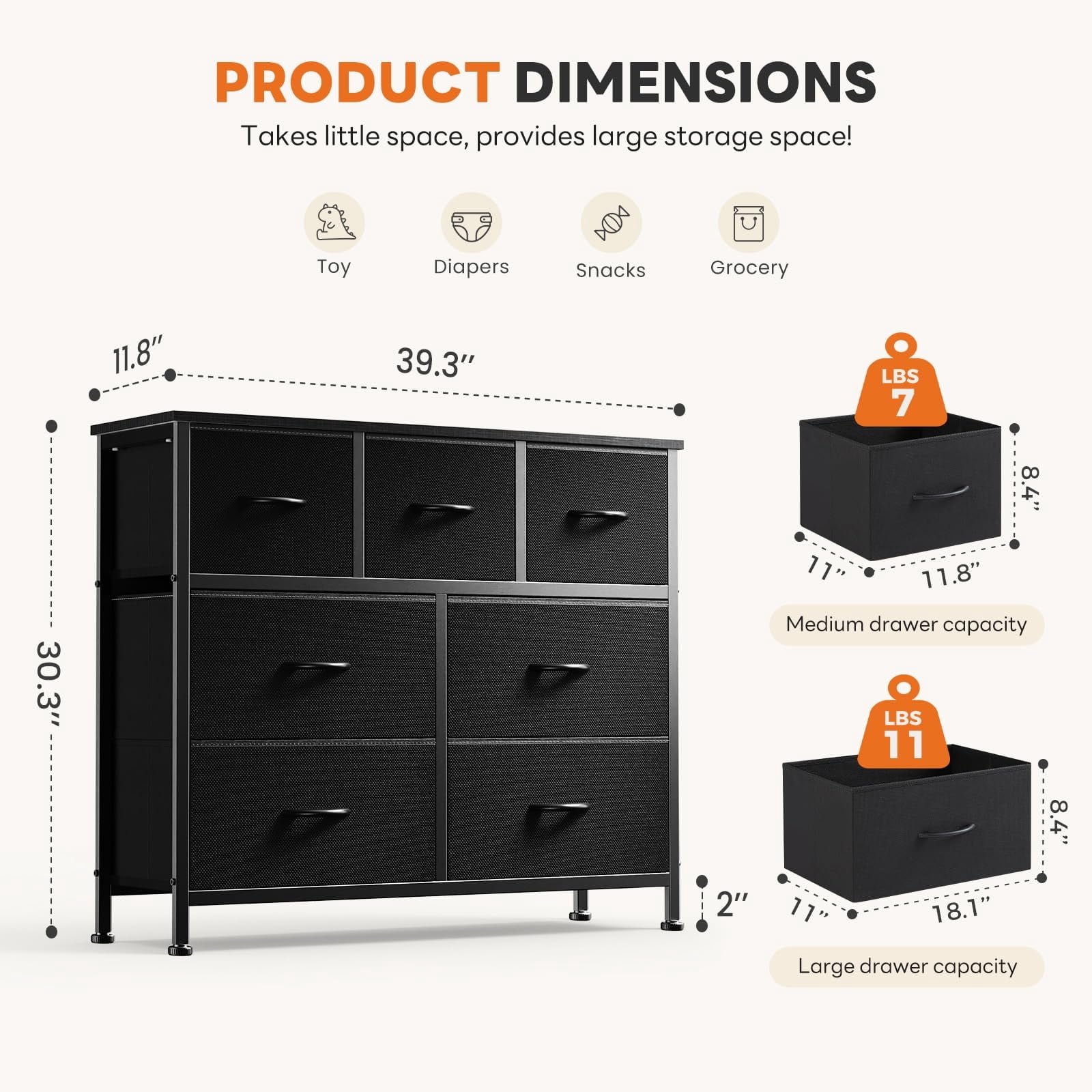 Telyra 7-Drawer Fabric Dresser TV Stand Organizer with Wood Top and Metal Frame Wide Storage Chest, Ink Black