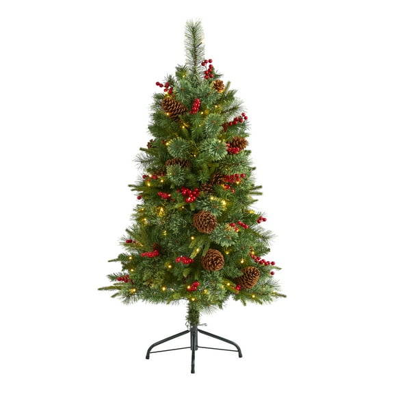 Nearly Natural 4ft. Norway Mixed Pine Artificial Christmas Tree with 150 Clear LED Lights, Pine Cones and Berries