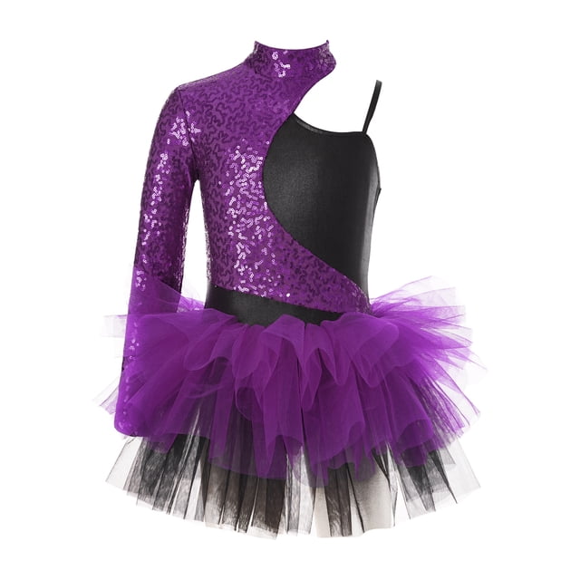 Jowowha Robe Justaucorps Asymétrique à Sequins pour Filles Jazz Latin Moderne Patinage Violet 16