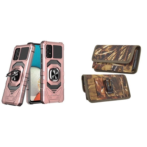 Case with Belt Holster Bundle for Samsung Galaxy A53 5G: Heavy Duty Shield Cover (Rose Gold) and Rugged Denim Nylon Phone Pouch (Tan Brown)