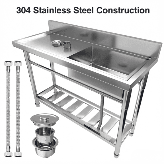 Stainless Steel Commercial Kitchen Sink, Free Standing Stainless-Steel Single Sink with Cold & Hot Water Faucet, Utility Sink for Restaurant & Home Kitchen