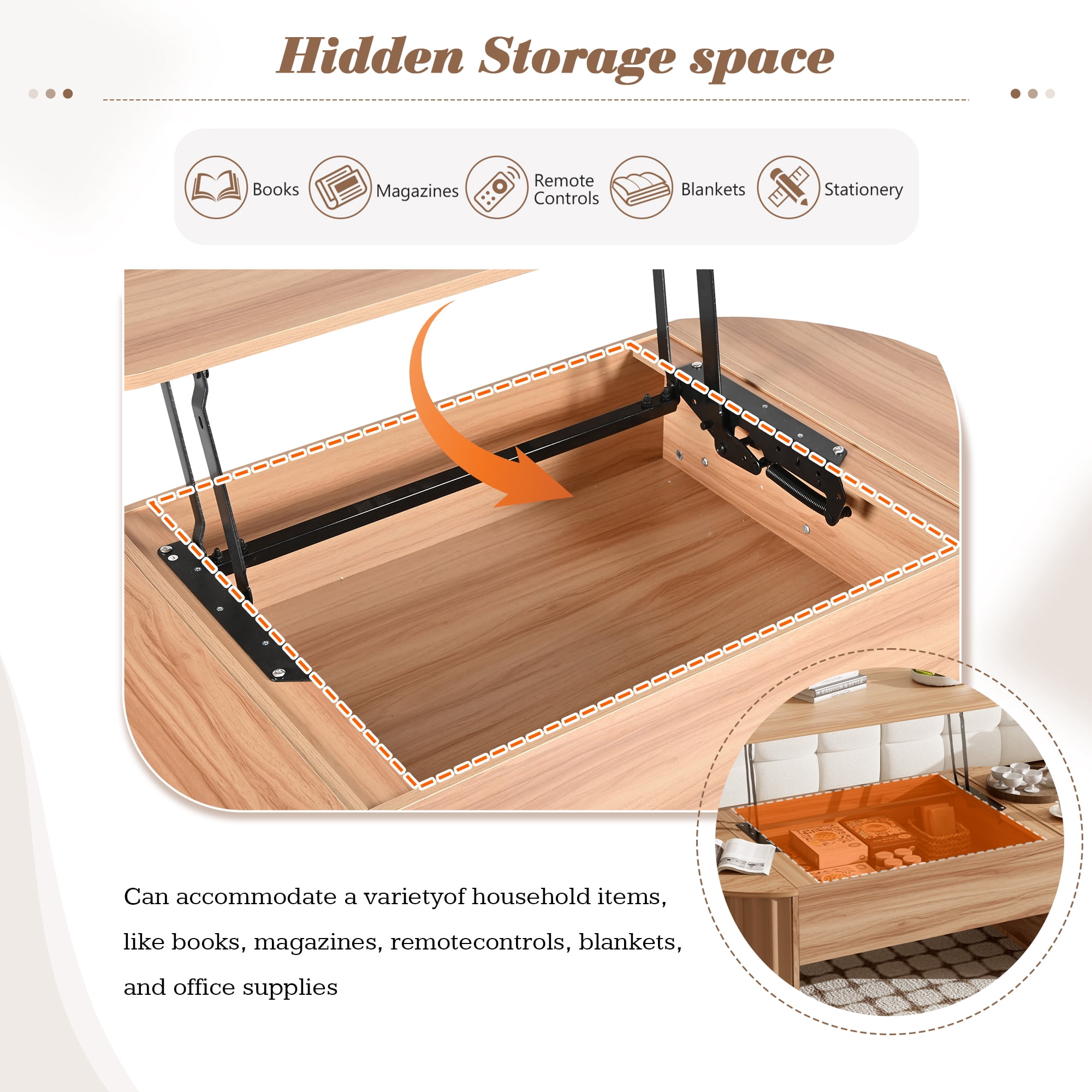 Homy Casa 47.2 in Lift Top Coffee Table with Hidden Storage Shelf for Living Room Natural Oak