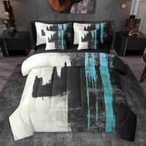 jejeloiu Splatter Ink Geometric 7pcs Bedding Comforter Set,Gray Cyan Black Queen Bedding Sets For Girls Teens Reversible