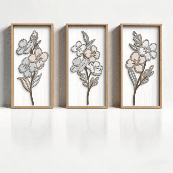 TOARTi 3D Wooden Floral Wall Art Framed Boho Leaf Vintage Flower Sculpture Set of 3 For Farmhouse Living Room Bedroom 8x16 Inch